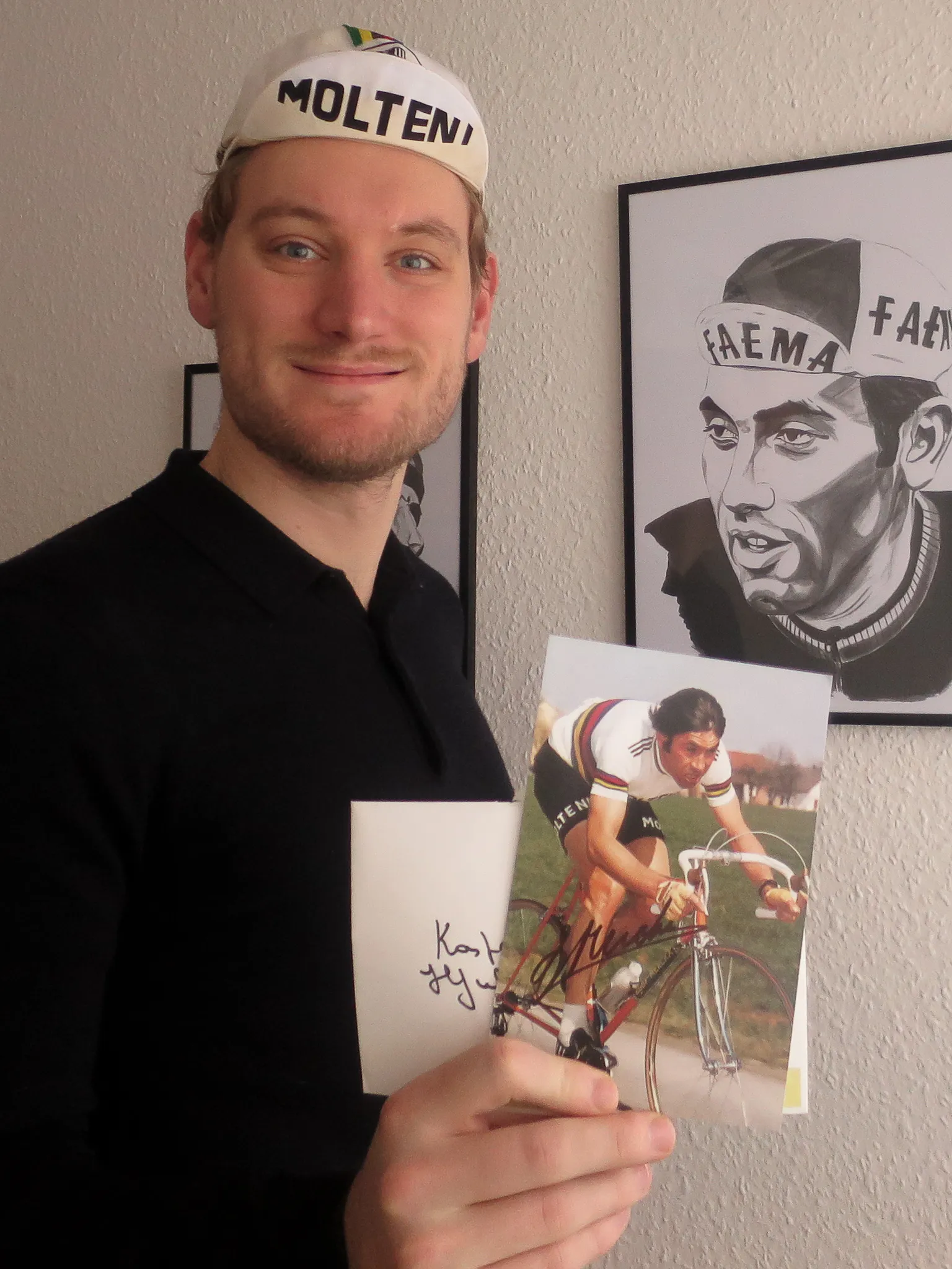Kasper with the christmas card from Eddy MErckx