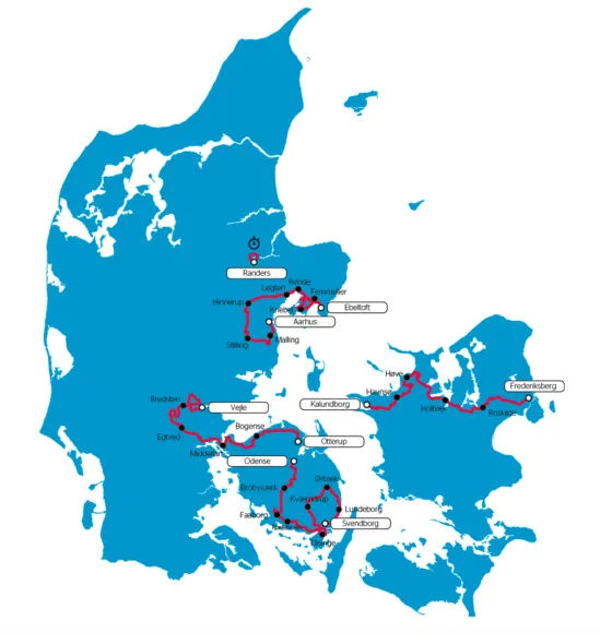 Danmarks kort der bl.a. viser ruten for Kongeetapen 2017